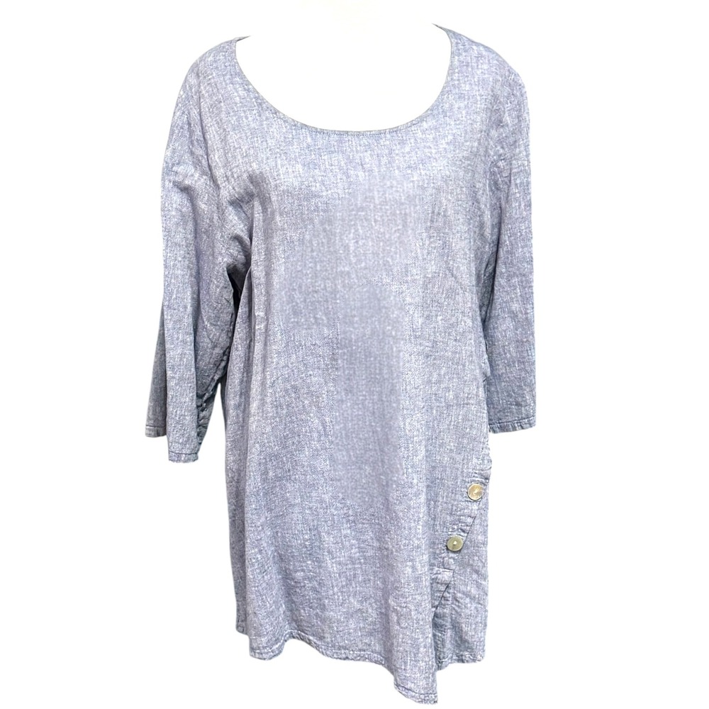 Jones New York 1X Chambray Linen Cotton Tunic  3/4 Sleeve Top Lagenlook